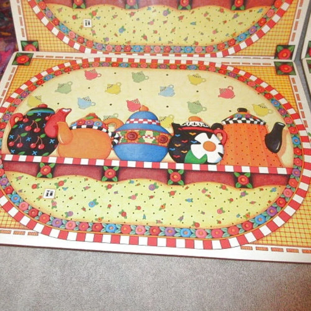 Vtg Mary Engelbreit Tea Party Placemats Set Of 4 Cork Back Farmhouse Cottagecore